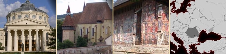 Romanian Athenaeum, Biertan fortified church, a painted monastery in Bukovina and a map of Romania